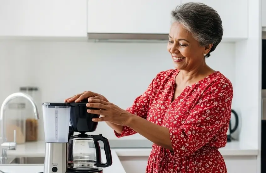 uma pessoa usando uma cafeteira eletrica feliz e sorrindo